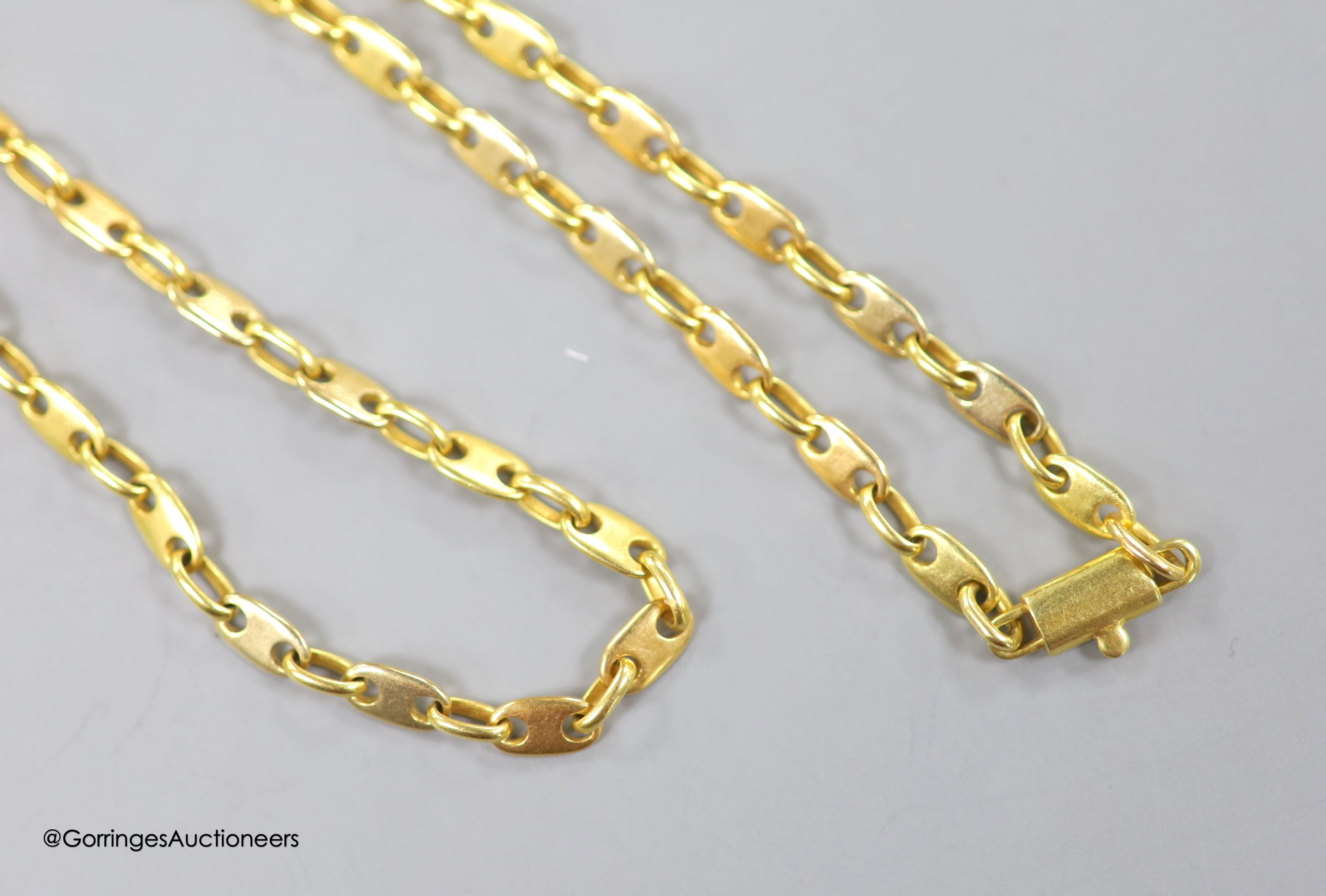 An 18ct (750) yellow metal fancy link neck chain, 22.7g, 60cm.